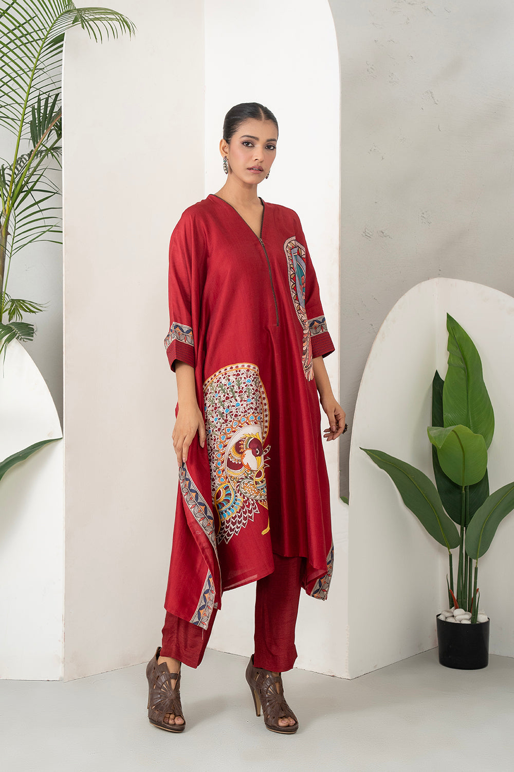 Maroon Silk Chanderi Bold Peacock Printed Zippered Kaftan Set (2 PCS)