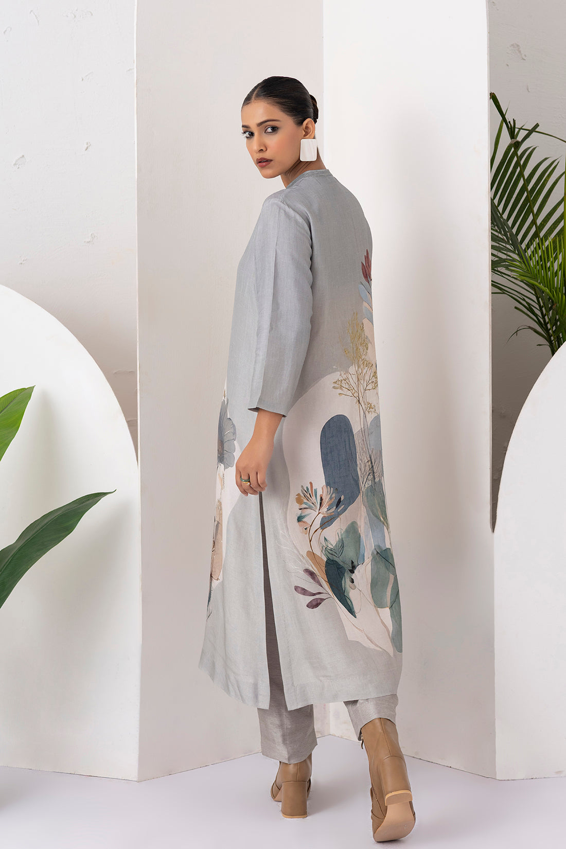 Grey Viscose Dupion Printed Tunic (1 PC)