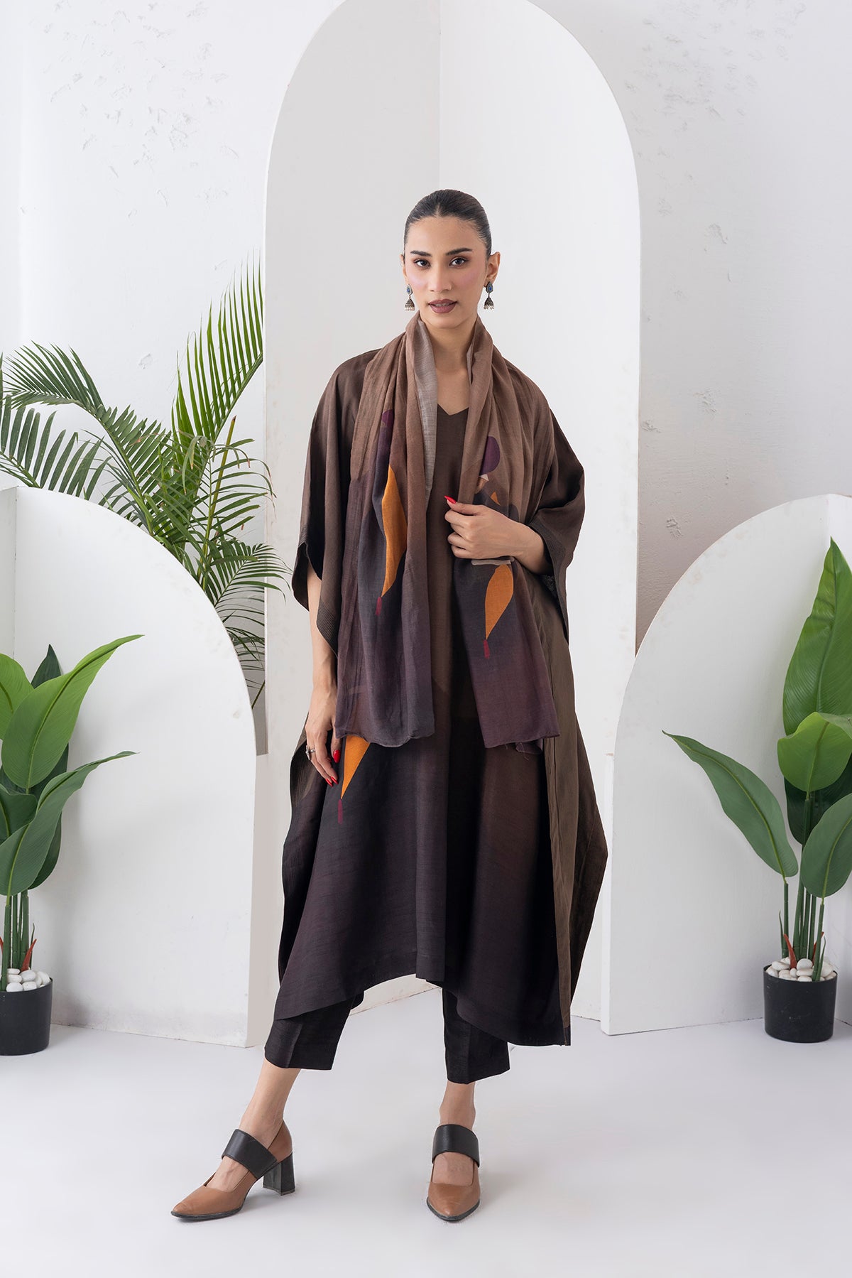 Shades Of Brown Viscose Dupion Printed Kaftan (1 PC)