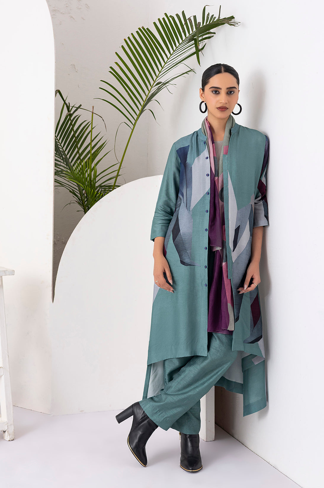 Sage Green Viscose Dupion Printed High-Low Dress (1 PC)