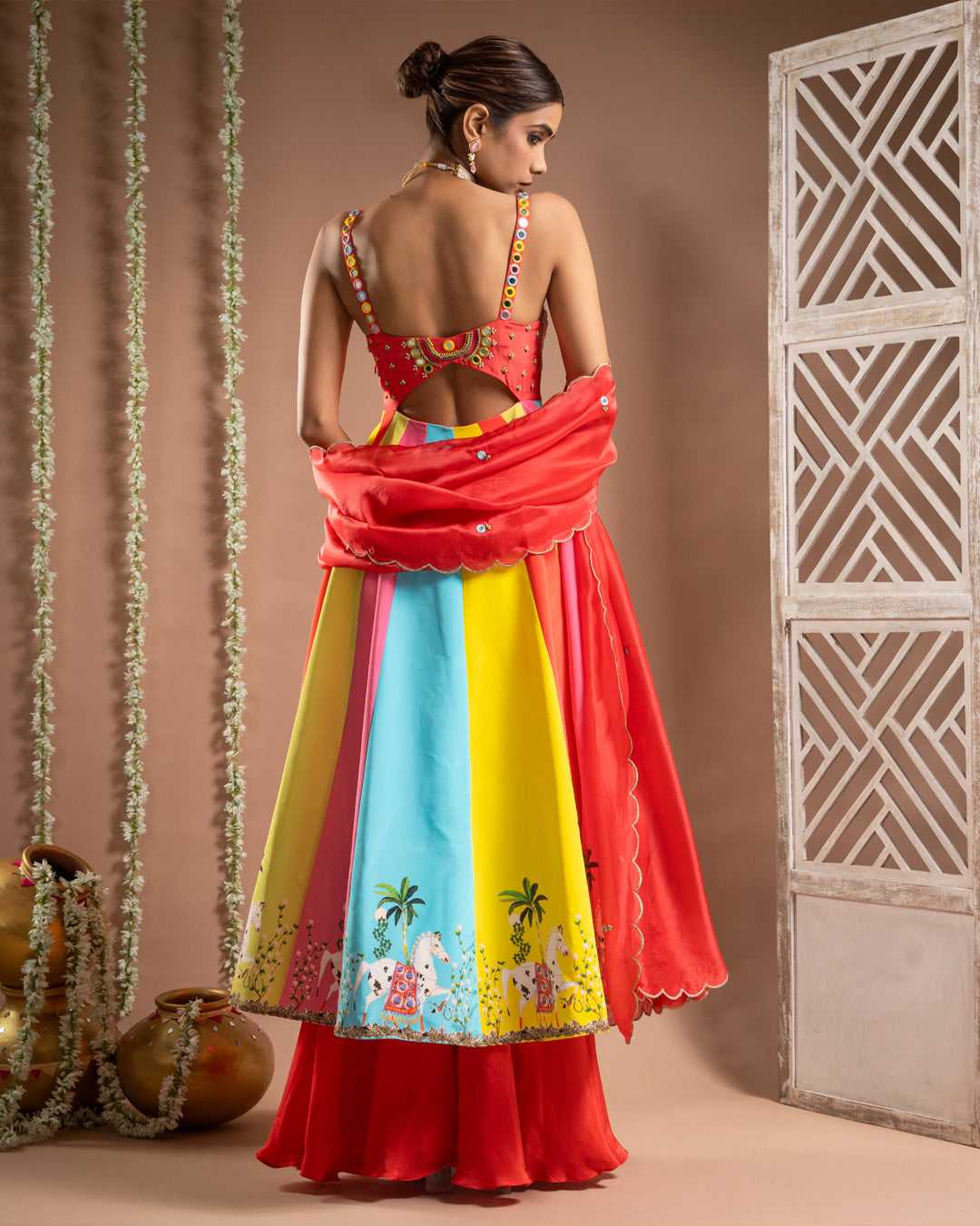 Red Horse Print Anarkali Suit Set (Set of 3)