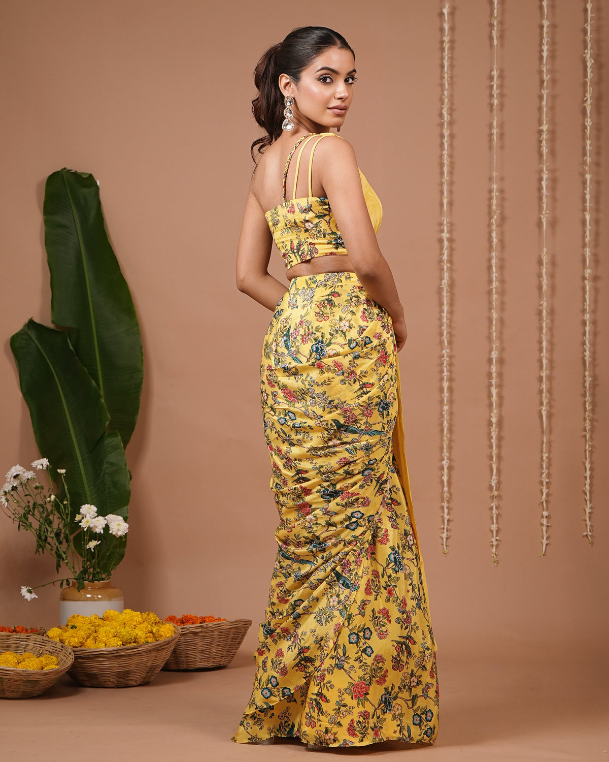 Yellow Printed Indo Saree (Set of 2)