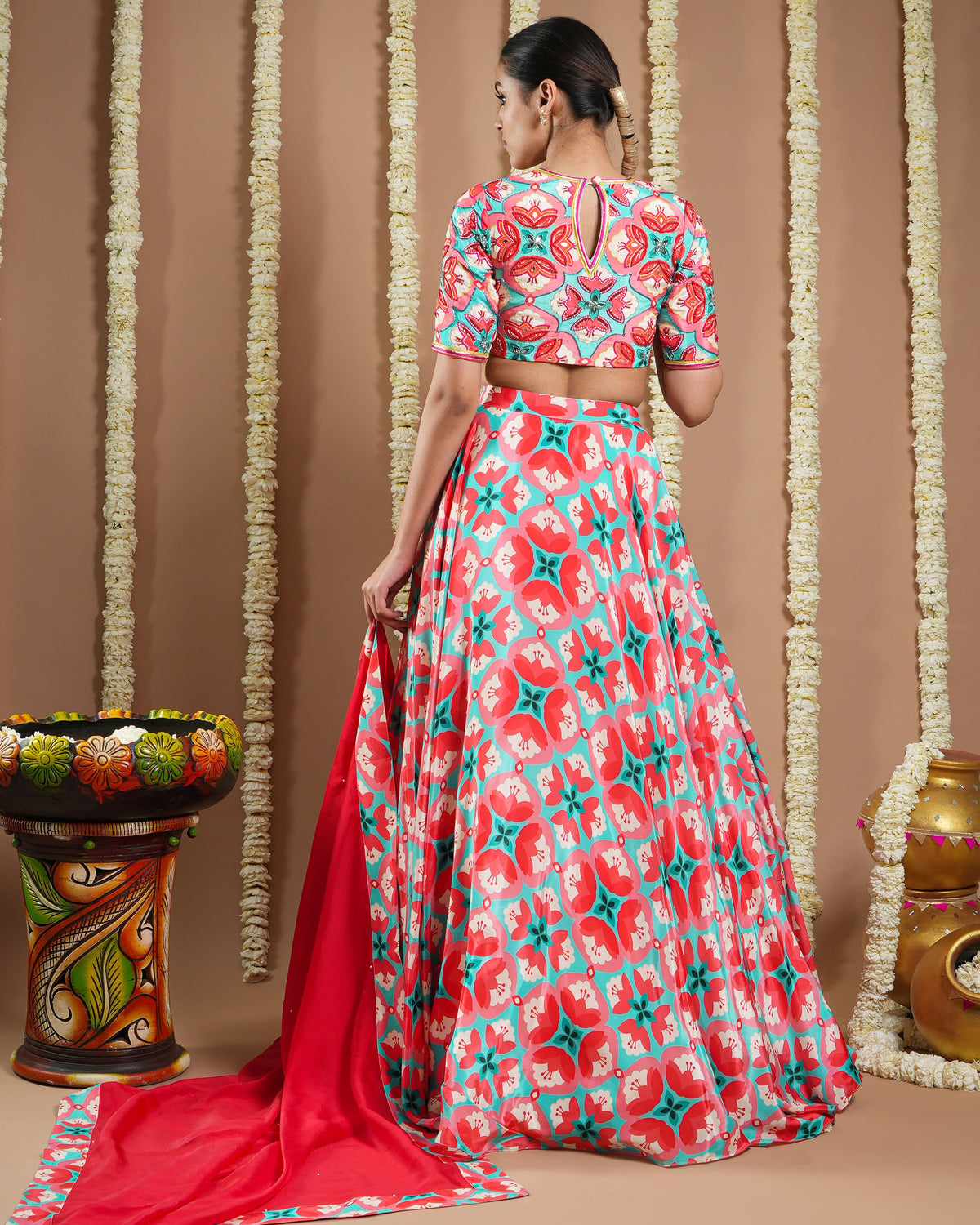 Red Tile Printed Heavy Lehenga Set (Set Of 3)