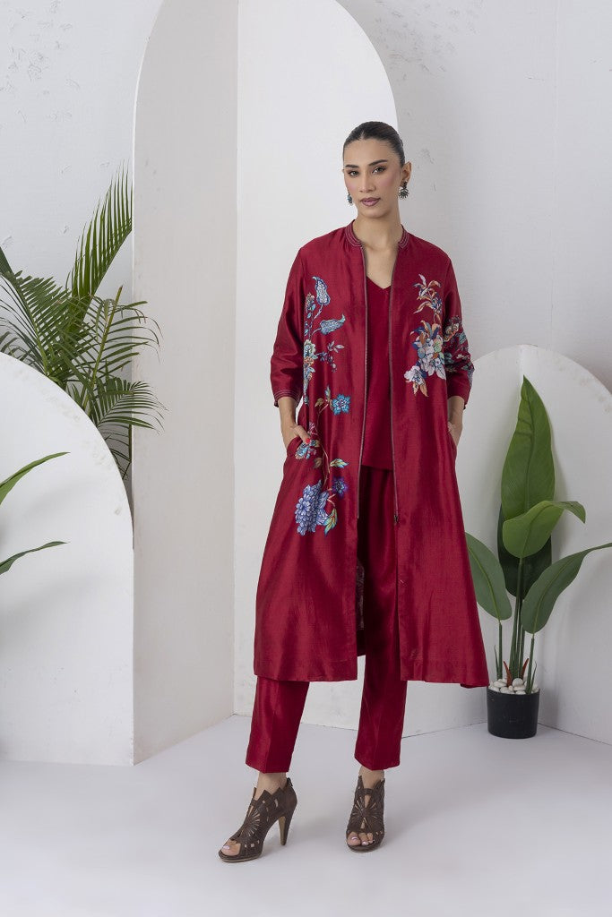 Maroon Silk Chanderi Floral Printed Front Open Dress (1 PC)