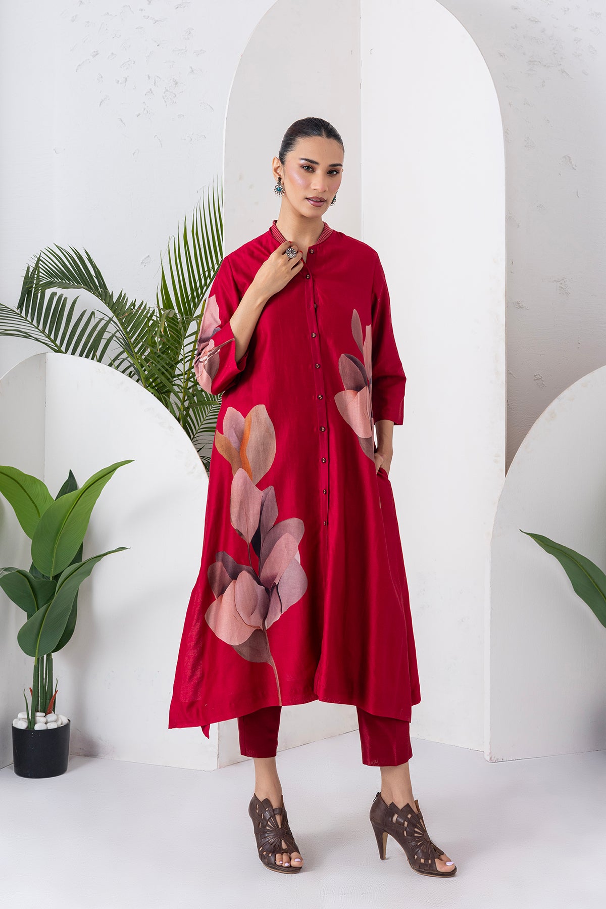 Maroon Silk Chanderi Leaf Printed Dress (1 PC)