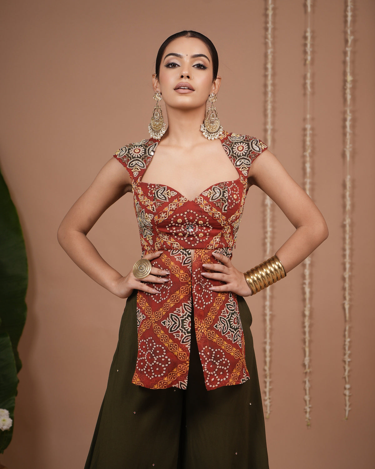 Red Bandhani Printed Kurti Palazzo Set (Set of 3)