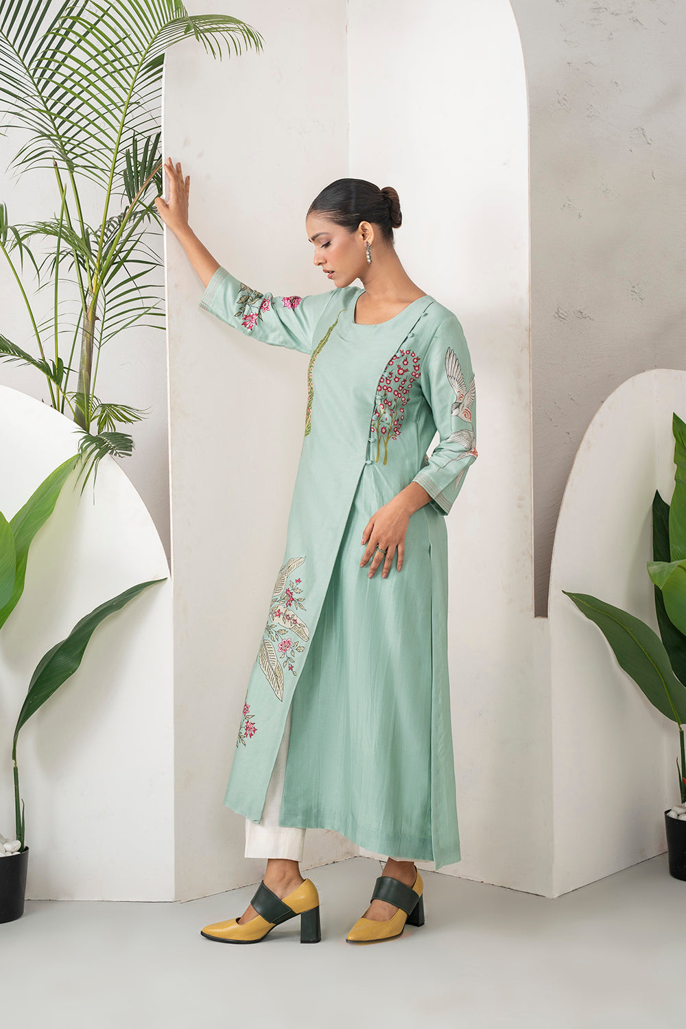 Mint Silk Chanderi Miniature Painting Inspired Printed Dress Set (2 PCS)