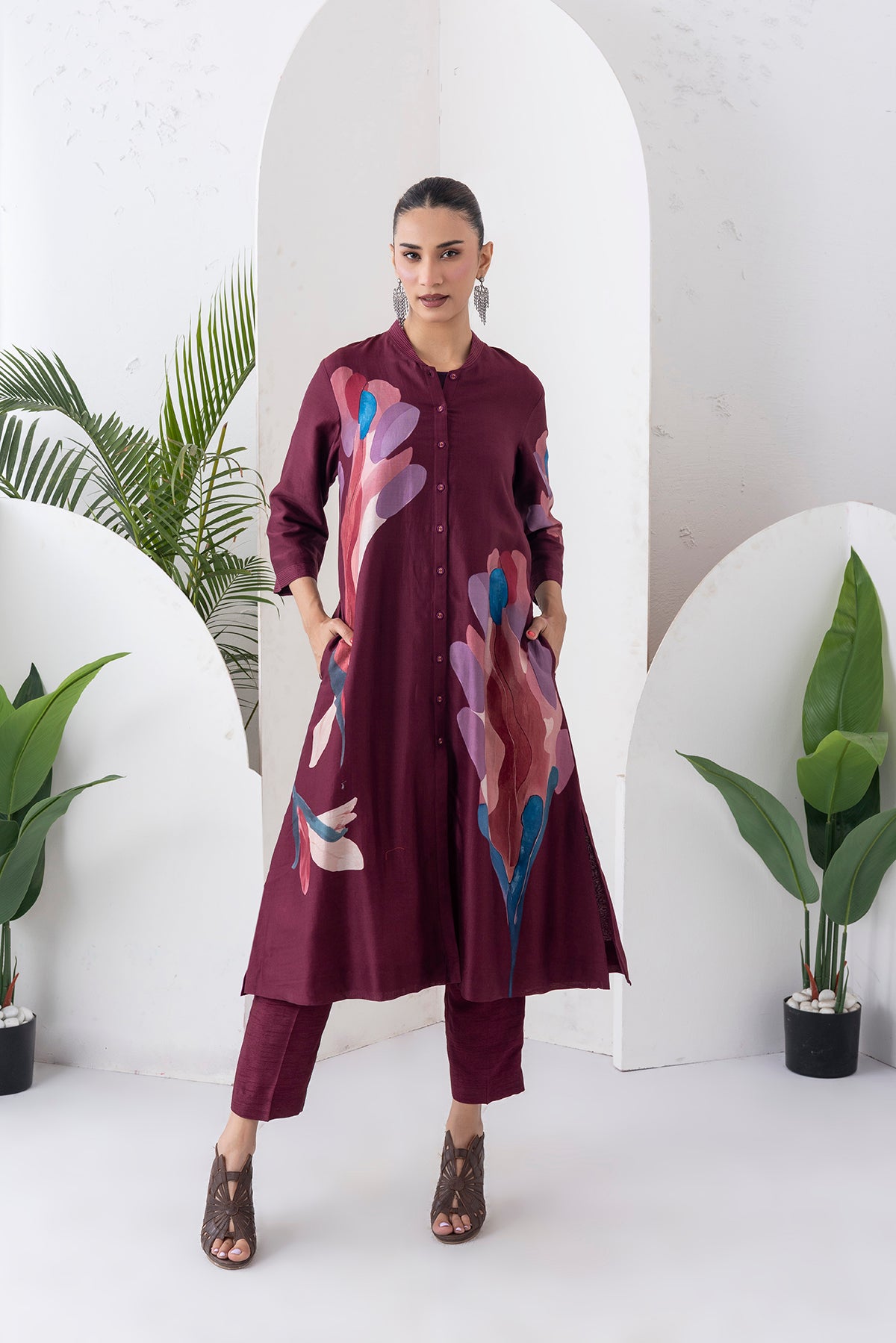 Chocolate Brown Silk Chanderi Printed Dress (1 PC)