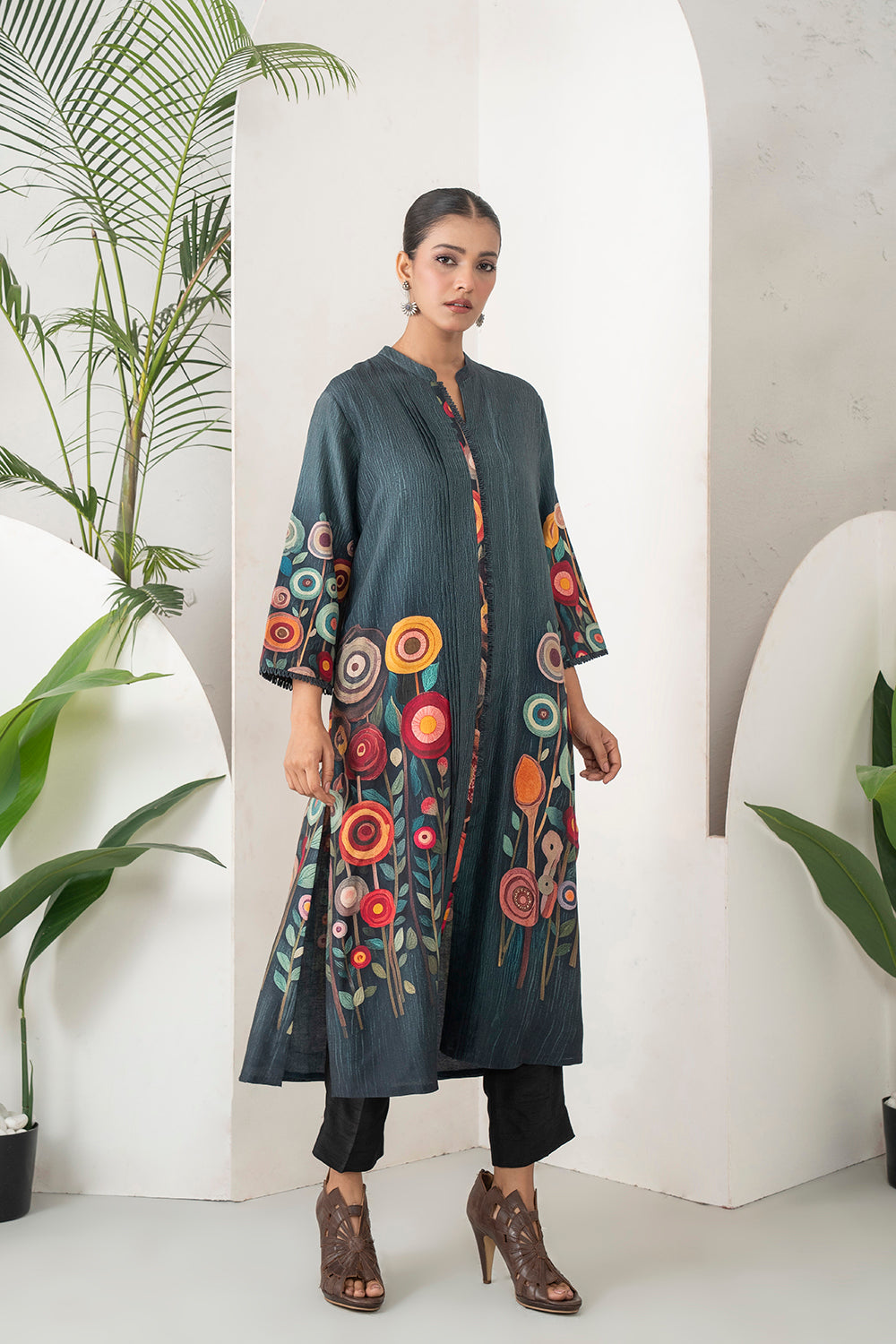 Charcoal Silk Chanderi Striking Floral Illustration Printed Dress Set (2 PCS)