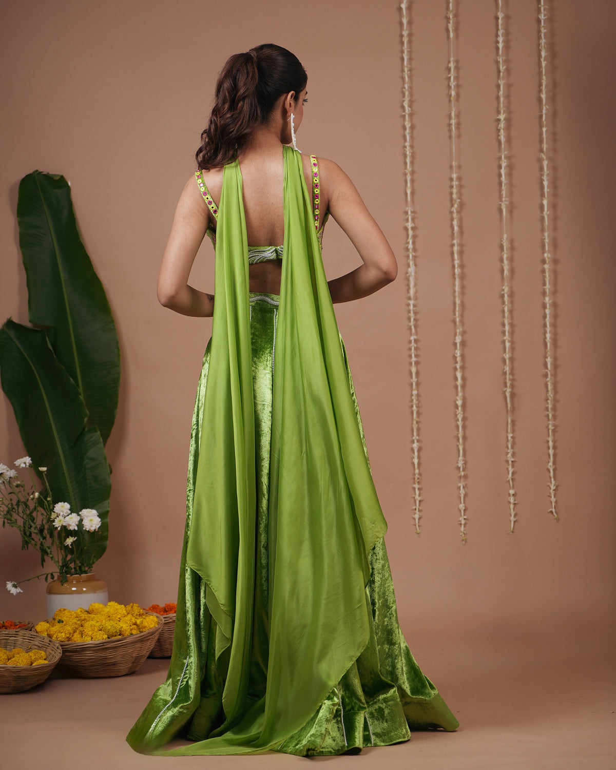 Bright Green Velvet Indo Lehenga Set (Set of 3)
