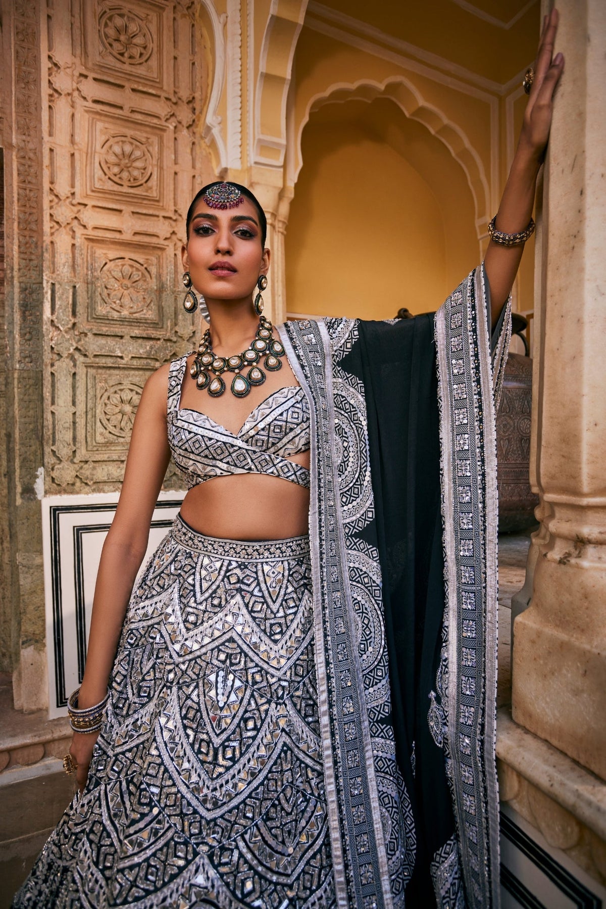 Black And White Lehenga Set With Intricate Geometric Patterns