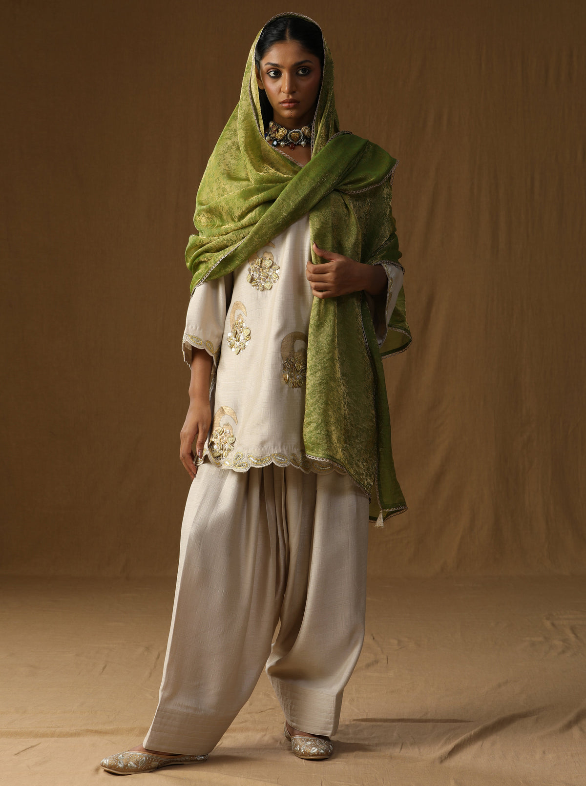 Vrinda — Beige Mritika Embroidered Suit Set