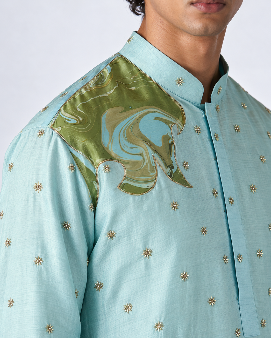 Aqua Blue Embroidered Marble Appliqué Kurta - Pant Set