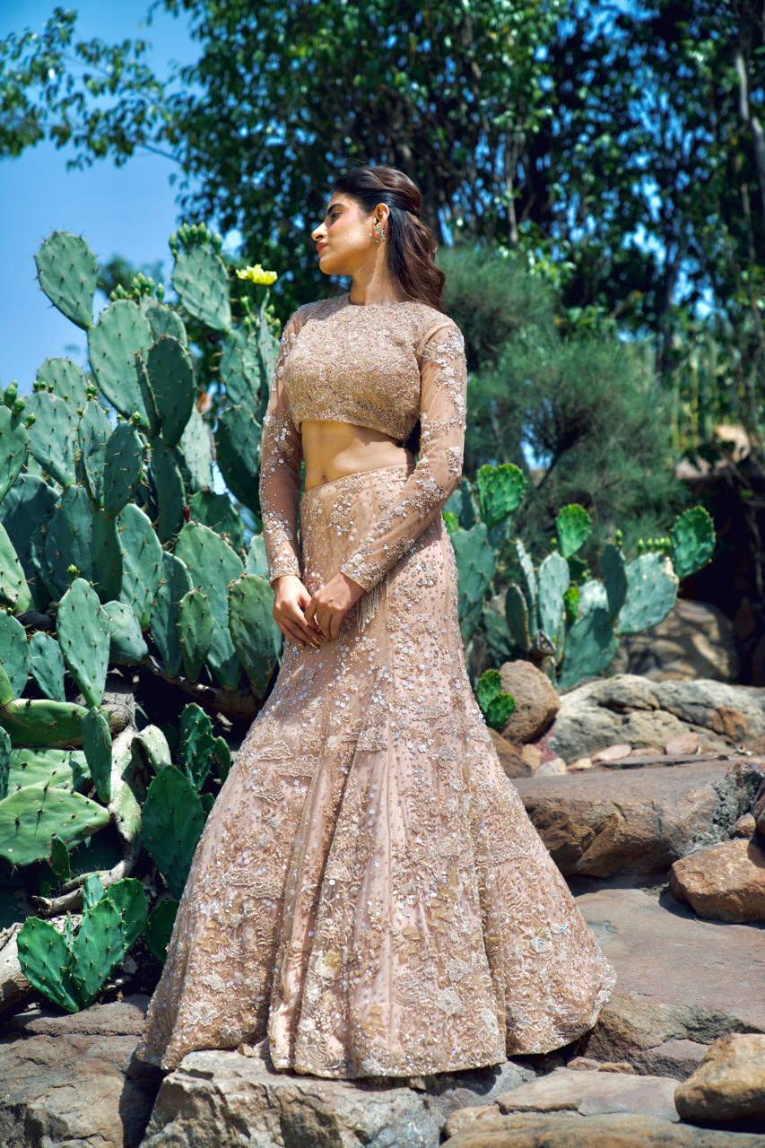 Sandhya Sona Beige Embroidered Fishcut Lehenga set