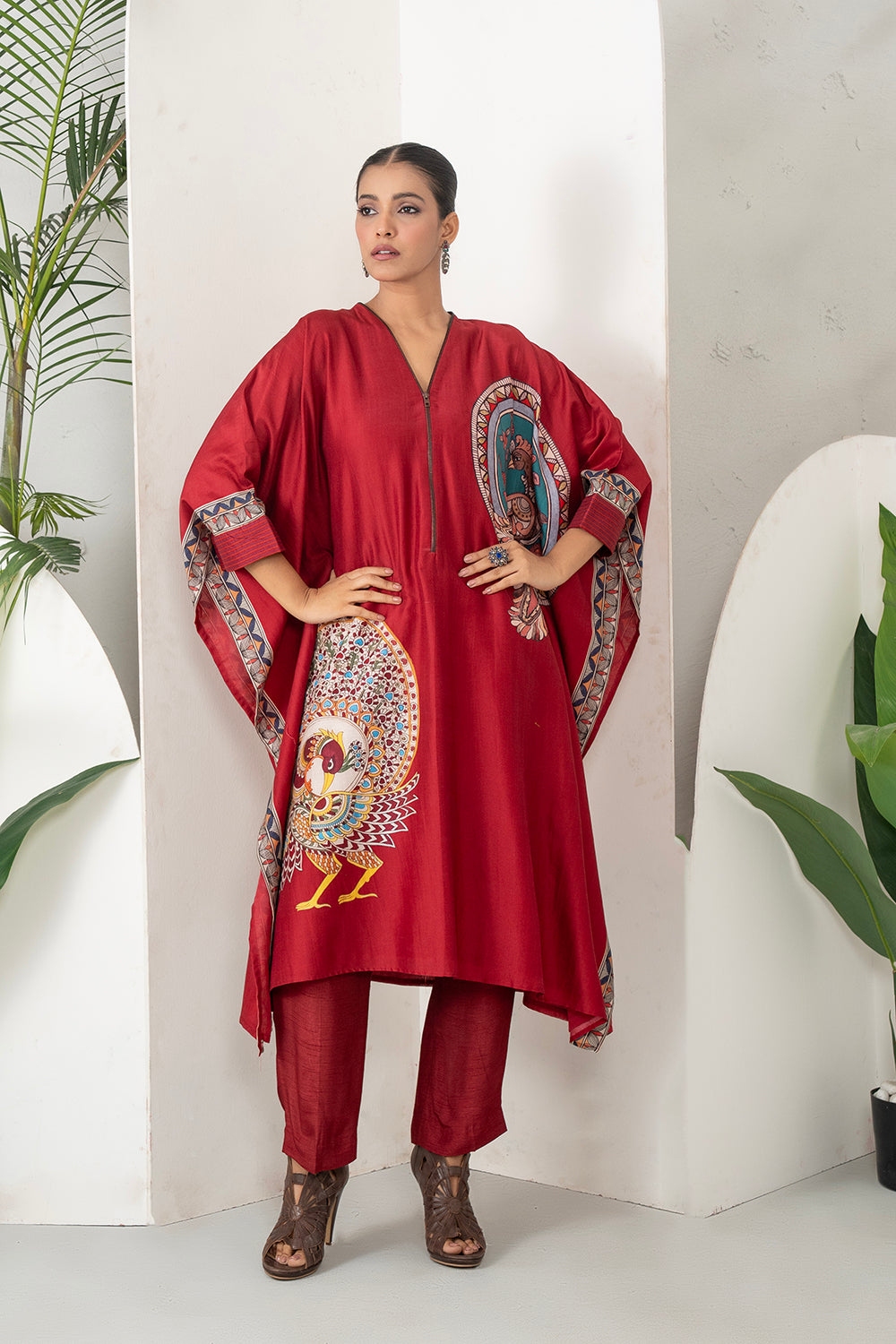 Maroon Silk Chanderi Bold Peacock Printed Zippered Kaftan Set (2 PCS)