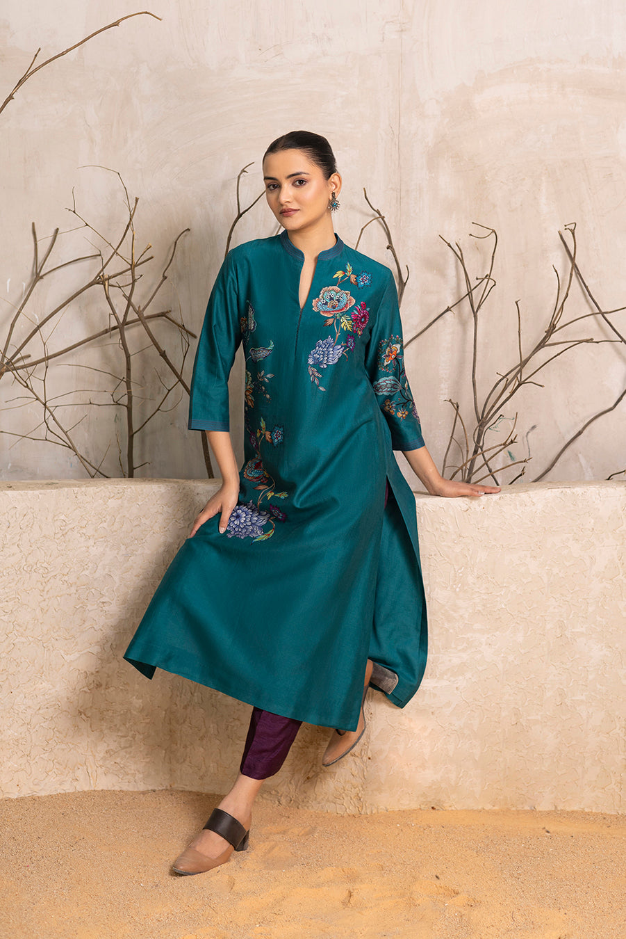 Emerald Silk Chanderi Floral Printed Tunic (1 PC)