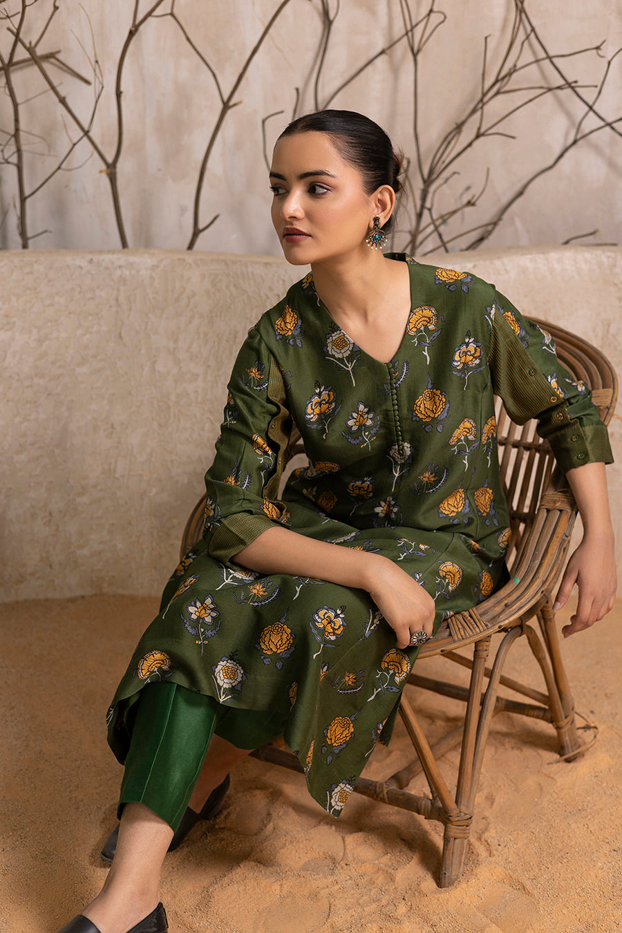 Leaf Green Silk Chanderi Printed Tunic (1 PC)