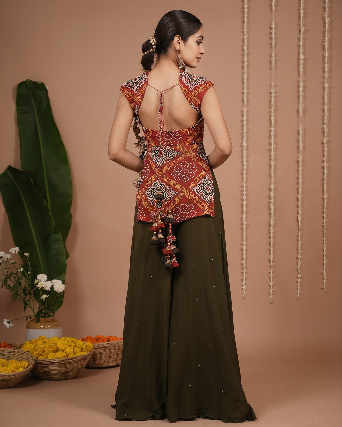 Red Bandhani Printed Kurti Palazzo Set (Set of 3)