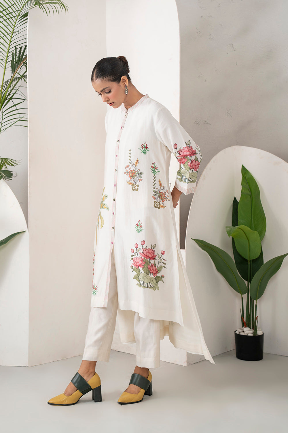 Ivory Silk Chanderi Miniature Art Printed High-Low Dress Set (3 PCS)