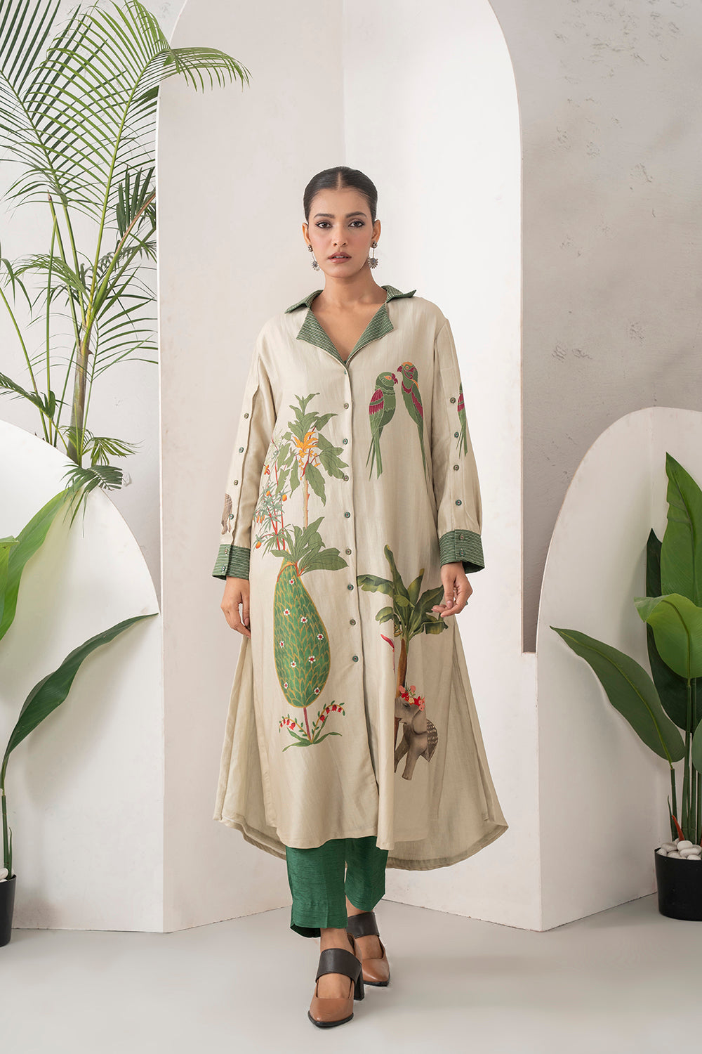 Beige Silk Chanderi Nature-Inspired Printed Dress Set (3 PCS)
