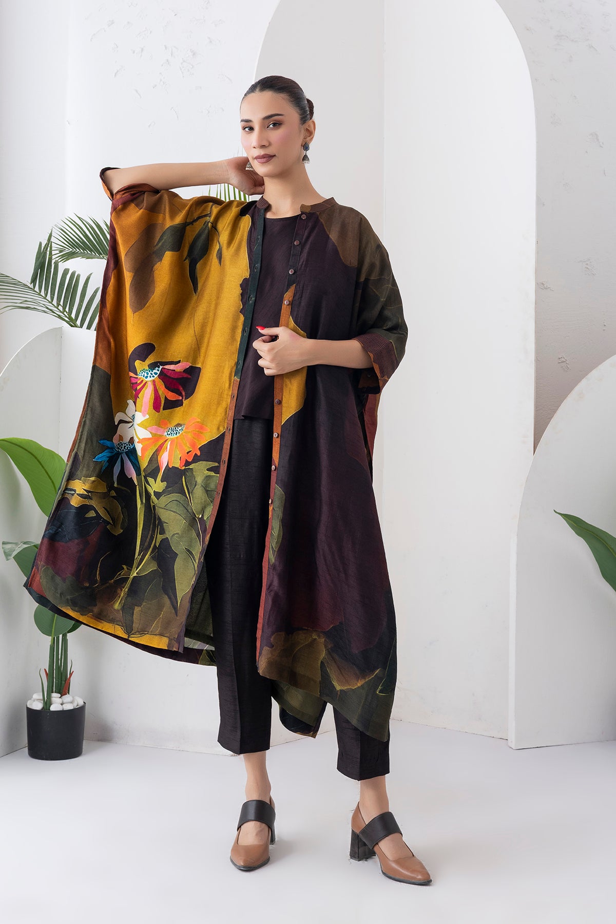 Mustard & Brown Viscose Dupion Printed Kaftan Style Dress (1 PC)