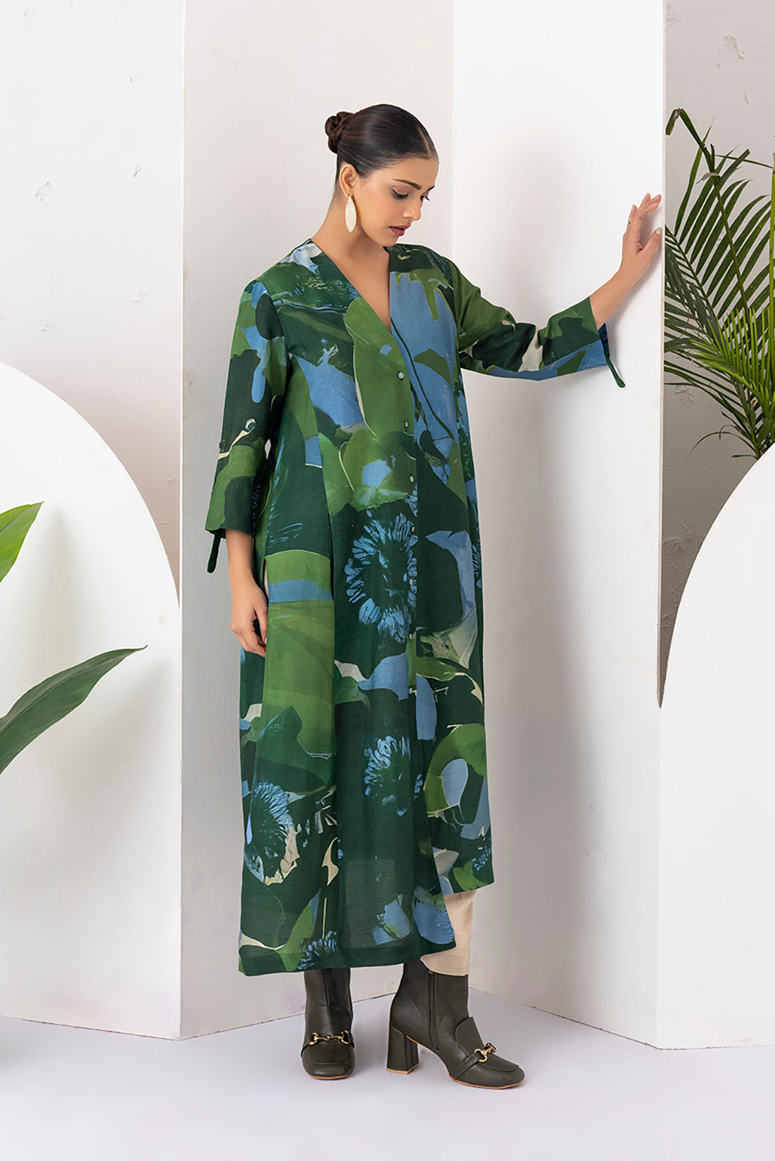 Green & Blue Viscose Dupion Printed Dress (1 PC)