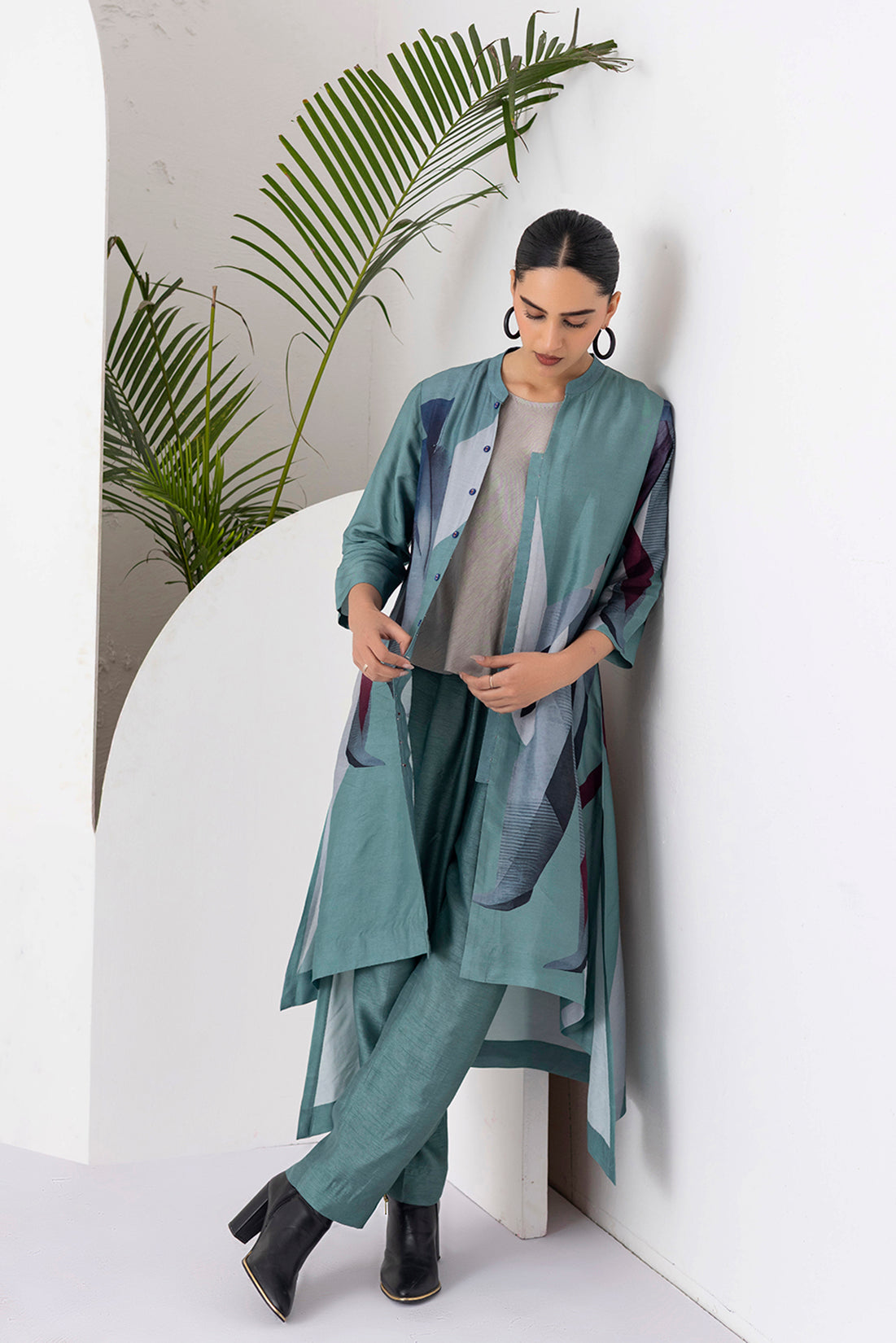 Sage Green Viscose Dupion Printed High-Low Dress (1 PC)