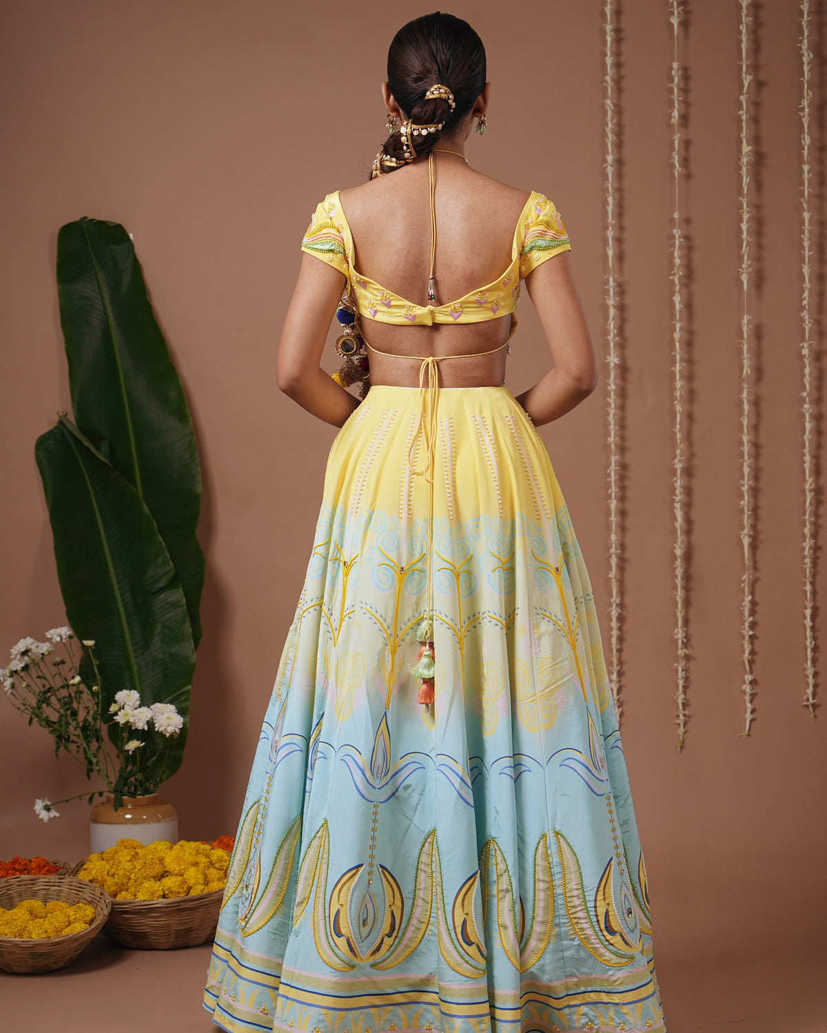 Yellow-Firozi Heavy Printed Lehenga Set (Set of 3)