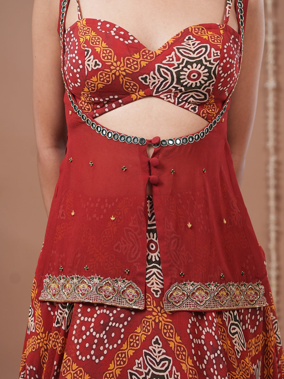 Red Bandhani Printed Lehenga Set (Set of 3)