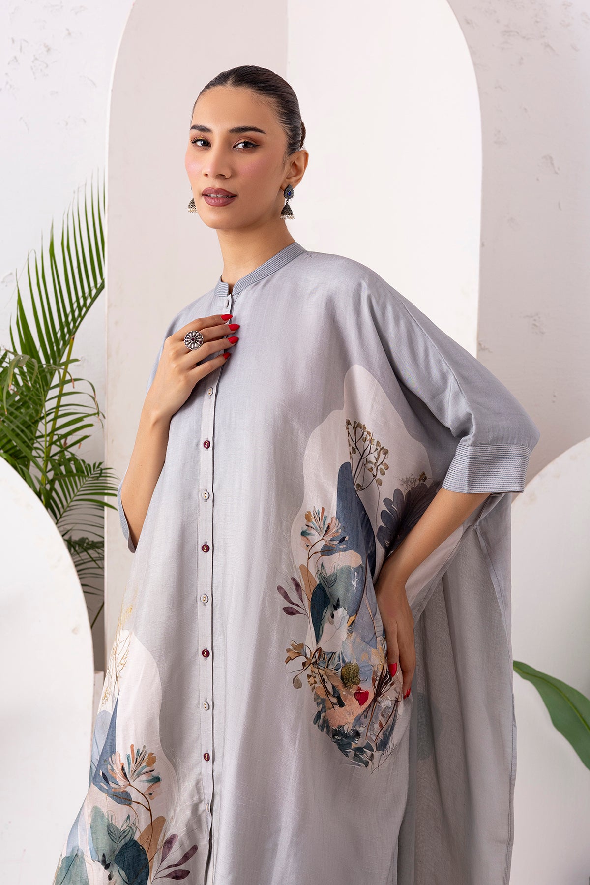 Grey Viscose Dupion Printed Kaftan Style Dress (1 PC)