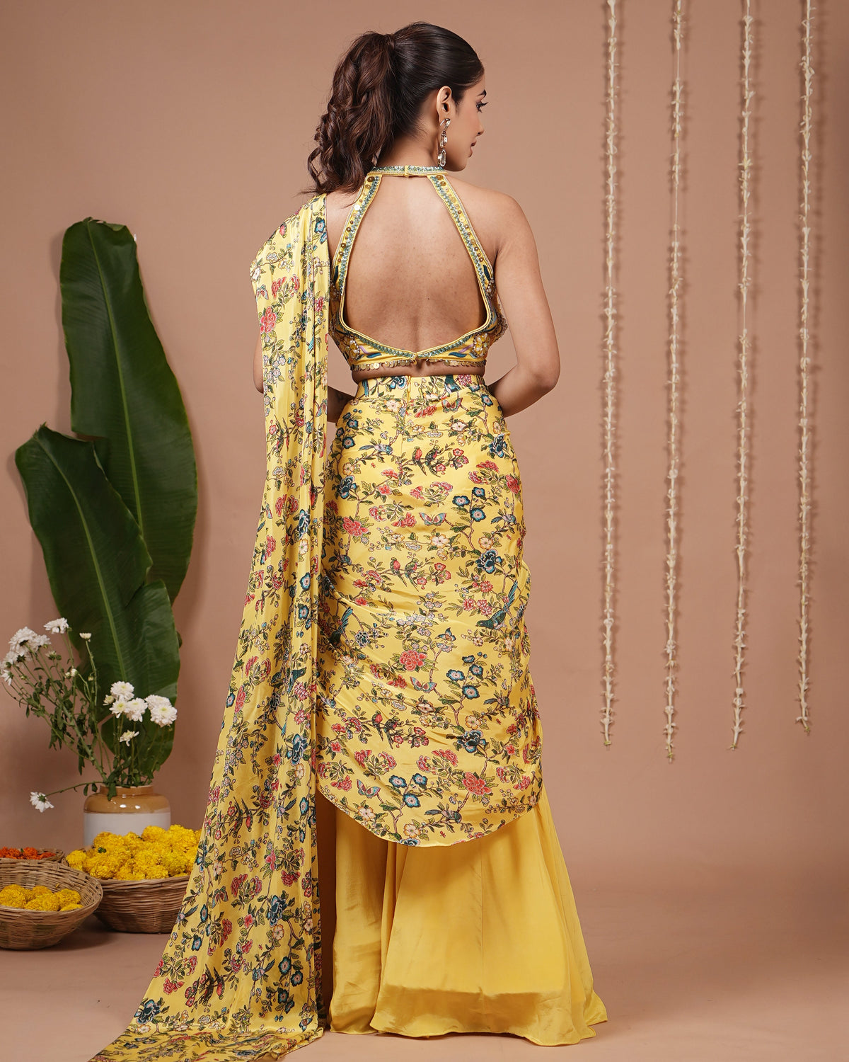 Bright Yellow Printed Halter Neck Indo Drape Set (Set of 2)