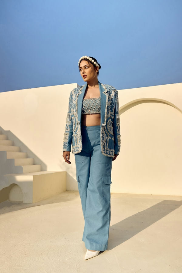PEARL DENIM BLAZER WITH DENIM TUBE TOP AND DENIM CARGO