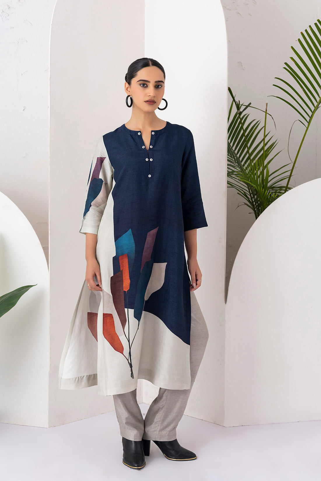 Blue & Ivory Viscose Dupion Printed Tunic (1 PC)