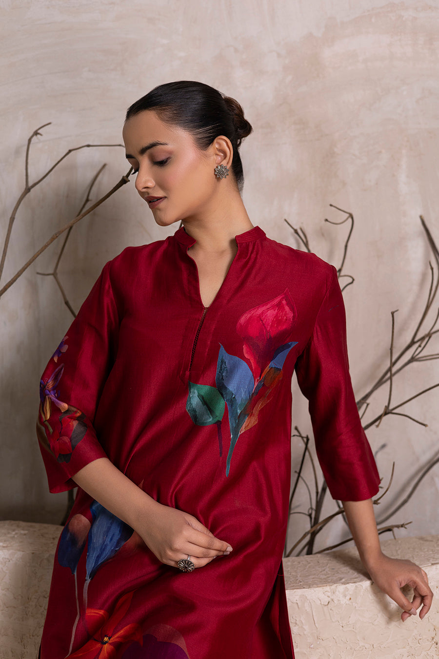 Red Silk Chanderi Printed Tunic (1 PC)