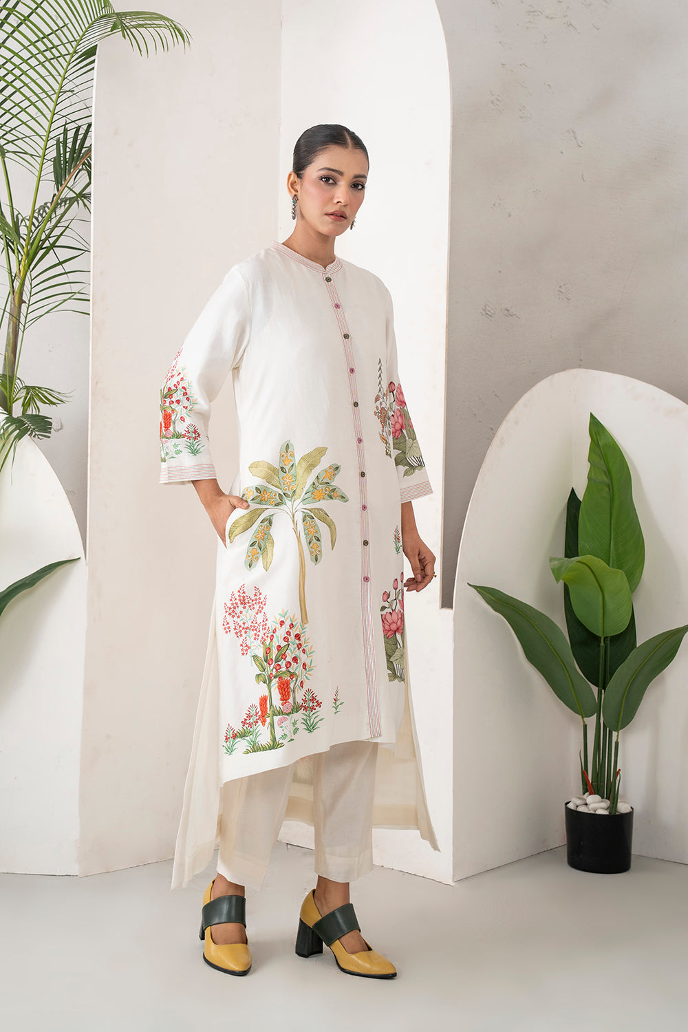 Ivory Silk Chanderi Miniature Art Printed High-Low Dress Set (3 PCS)