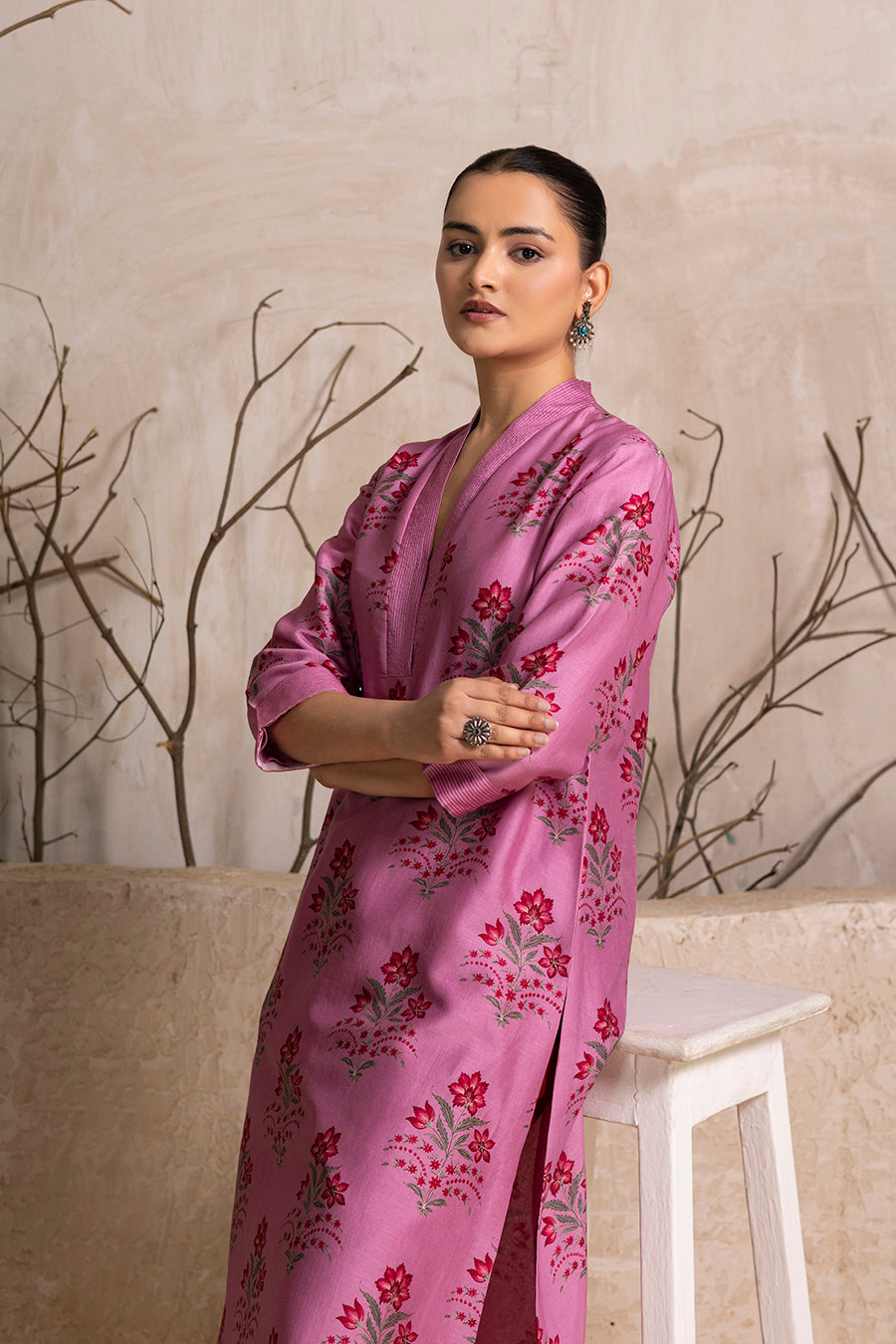 Salmon Pink Silk Chanderi Floral Boota Printed Tunic (1 PC)