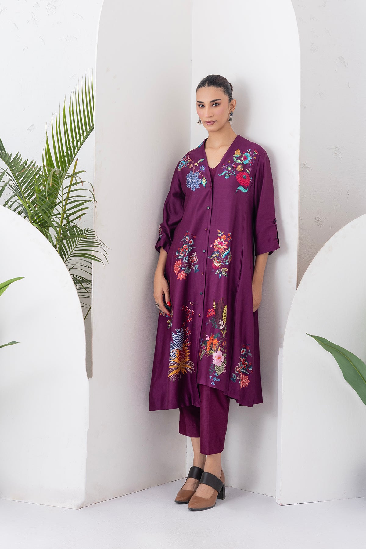 Wine Silk Chanderi Printed High-Low Dress (1 PC)