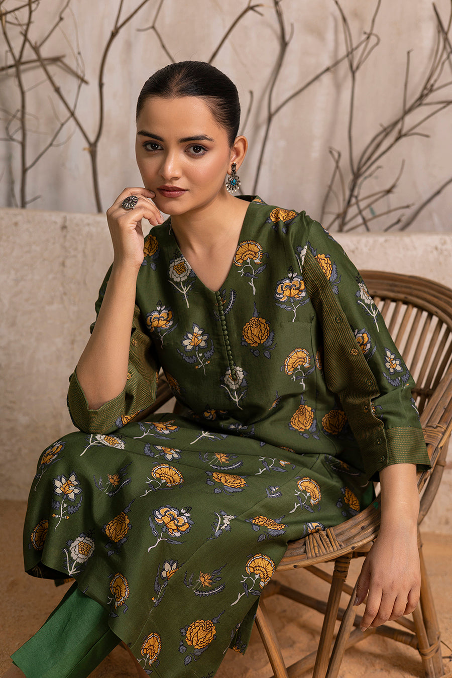 Leaf Green Silk Chanderi Printed Tunic (1 PC)