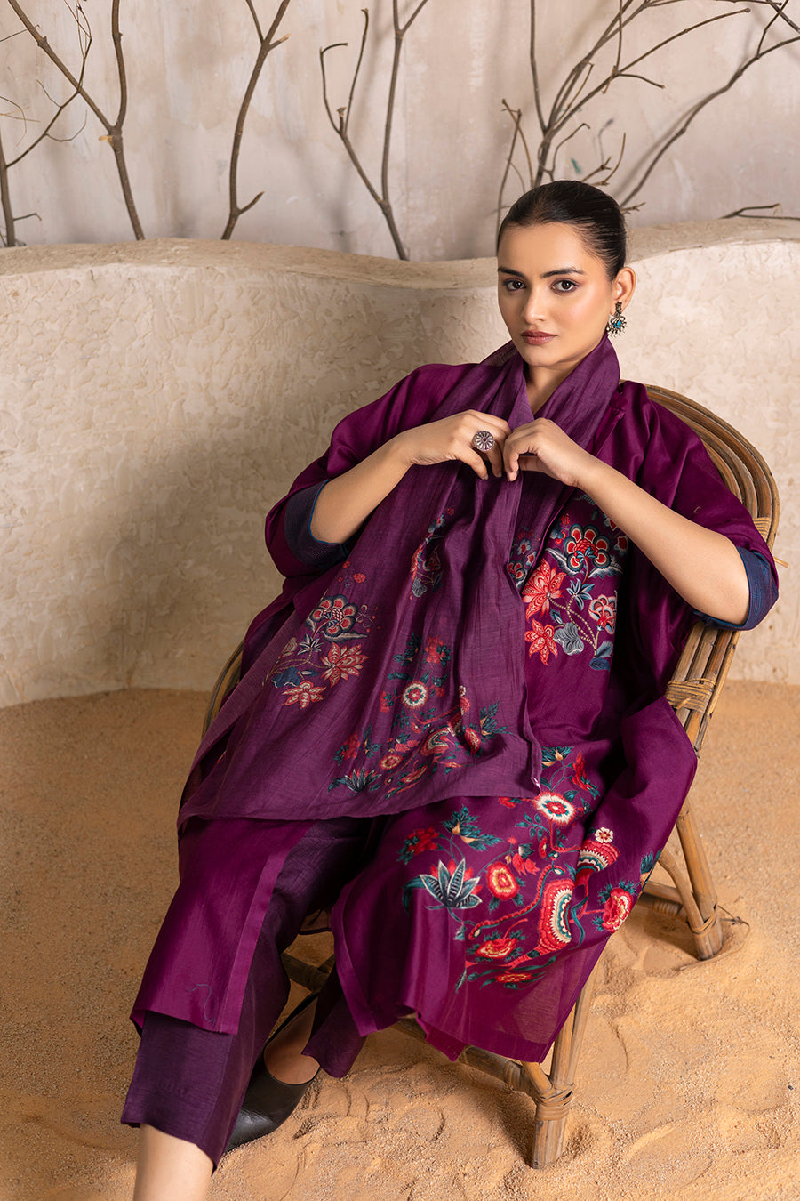 Wine Silk Chanderi Printed Stole (1 PC)