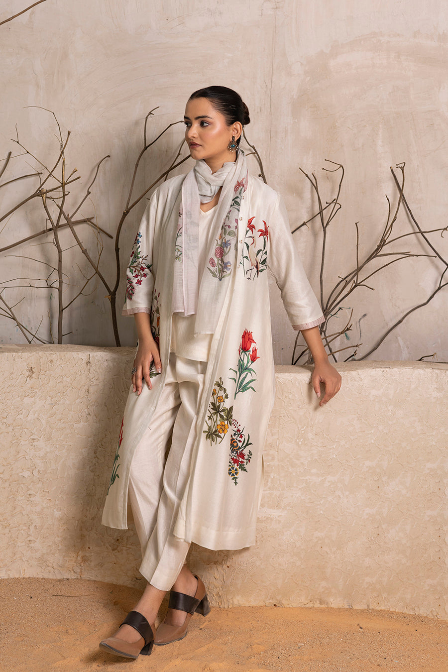 Ivory Silk Chanderi Floral Printed Stole (1 PC)