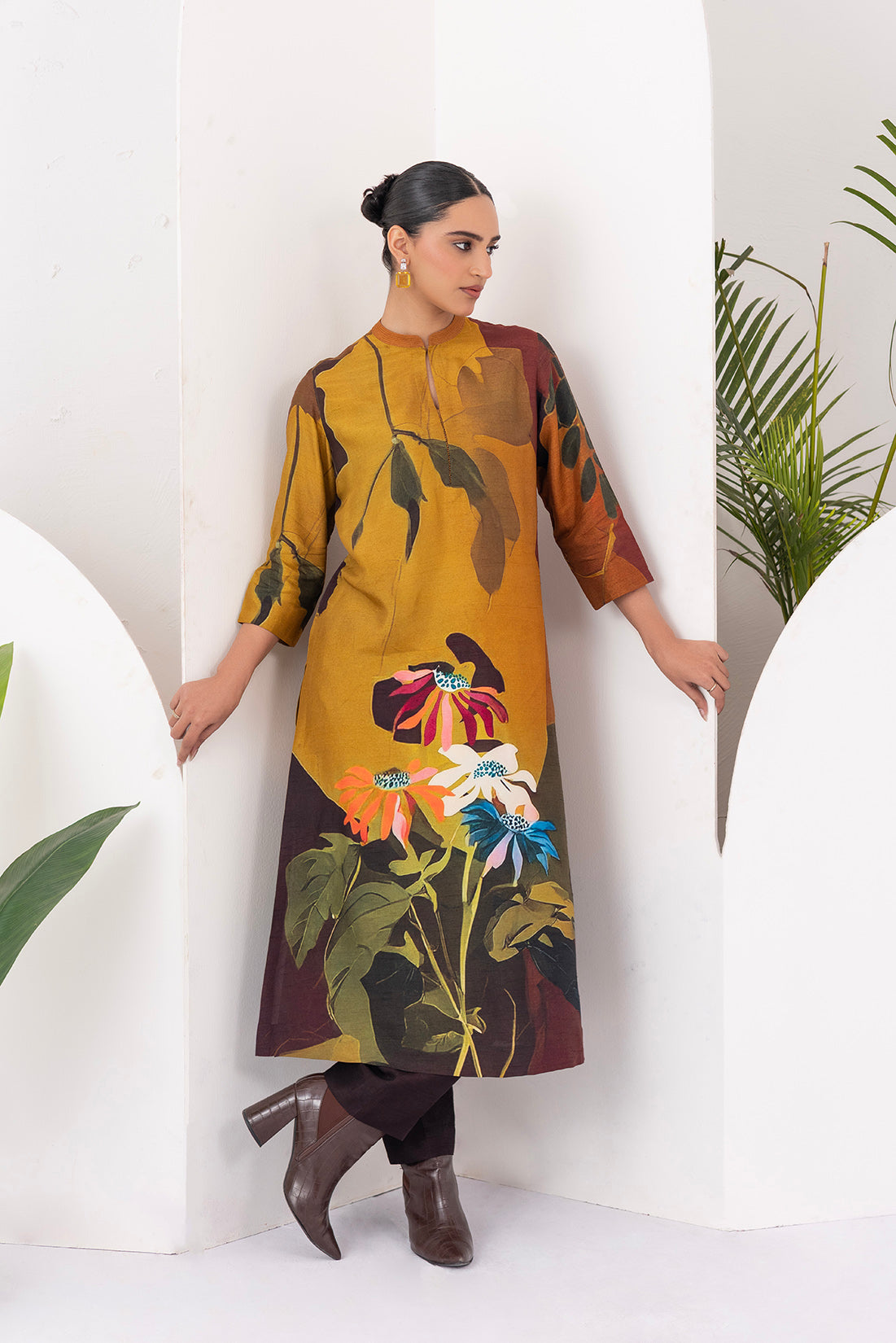 Mustard & Brown Viscose Dupion Printed Tunic (1 PC)