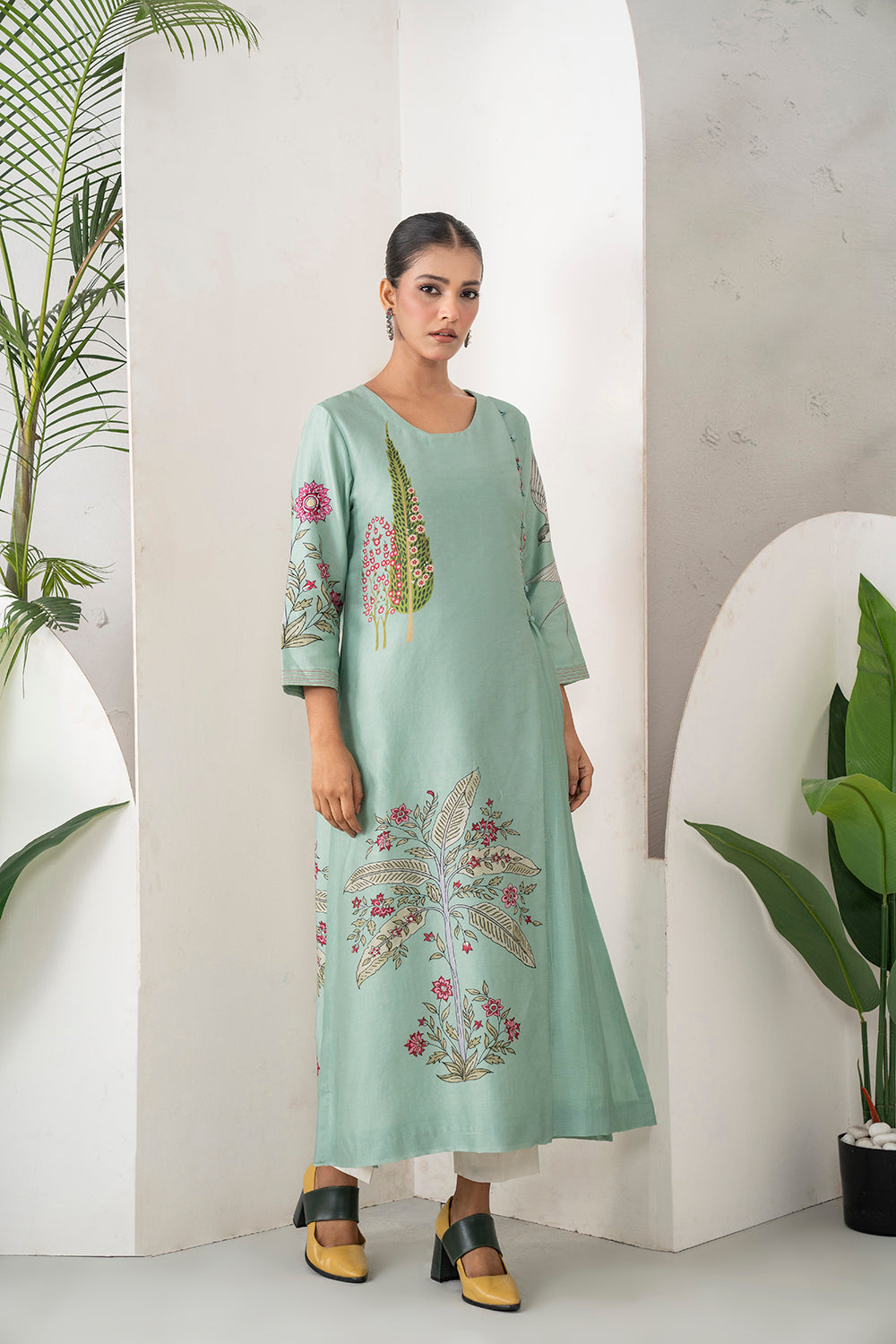 Mint Silk Chanderi Miniature Painting Inspired Printed Dress Set (2 PCS)