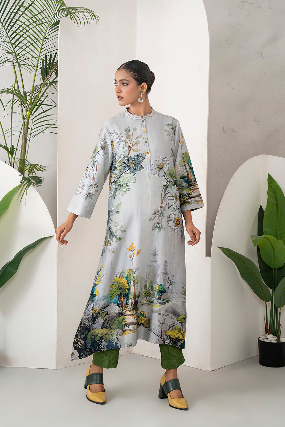 Grey Silk Chanderi Painterly Landscape Printed Tunic Set (2 PCS)