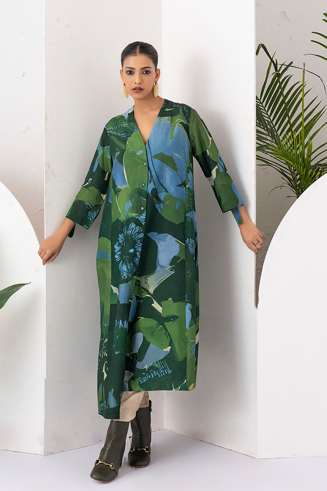 Green & Blue Viscose Dupion Printed Dress (1 PC)