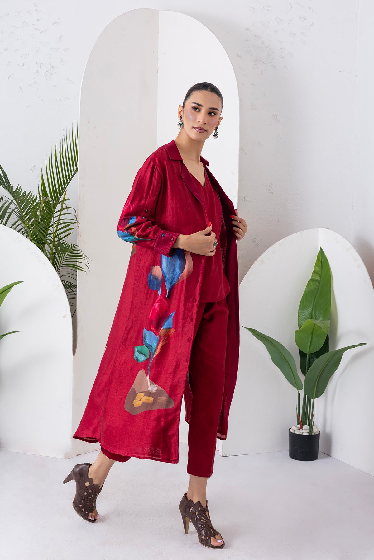 Red Viscose Dupion Printed Front Open Dress (1 PC)