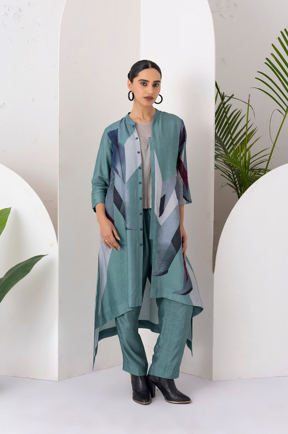 Sage Green Viscose Dupion Printed High-Low Dress (1 PC)