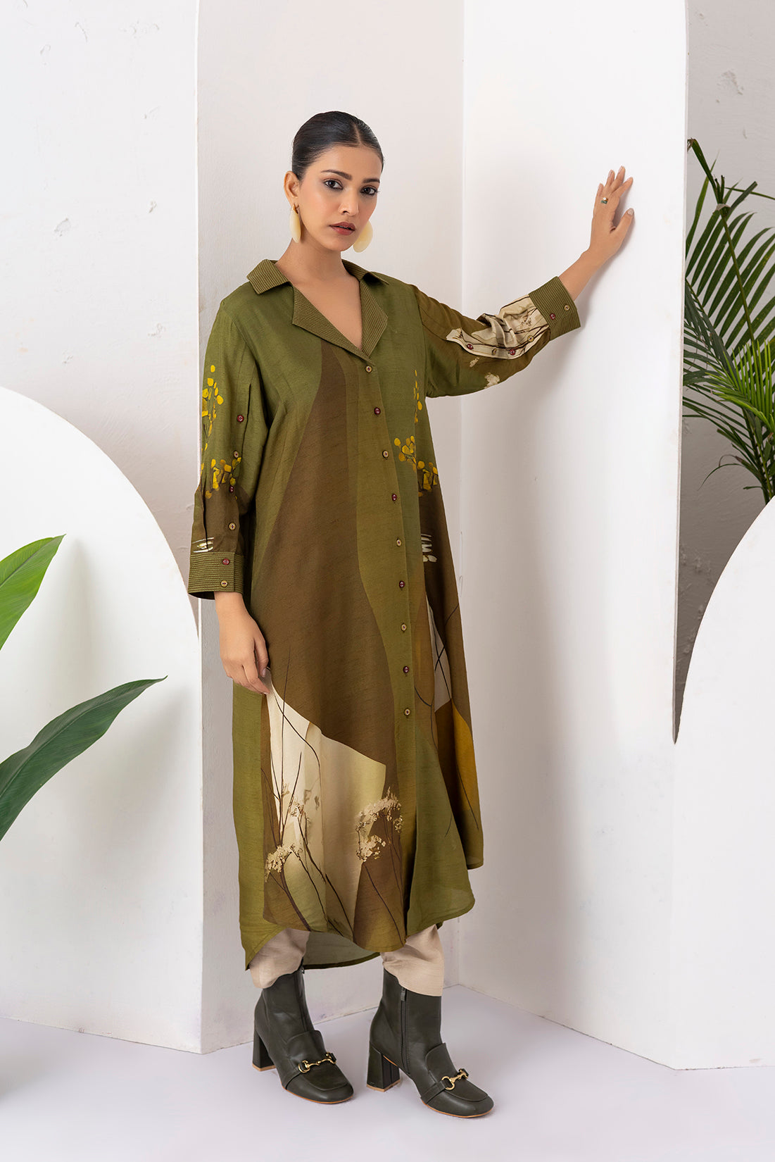 Moss Green Shaded Viscose Dupion Printed Dress (1 PC)