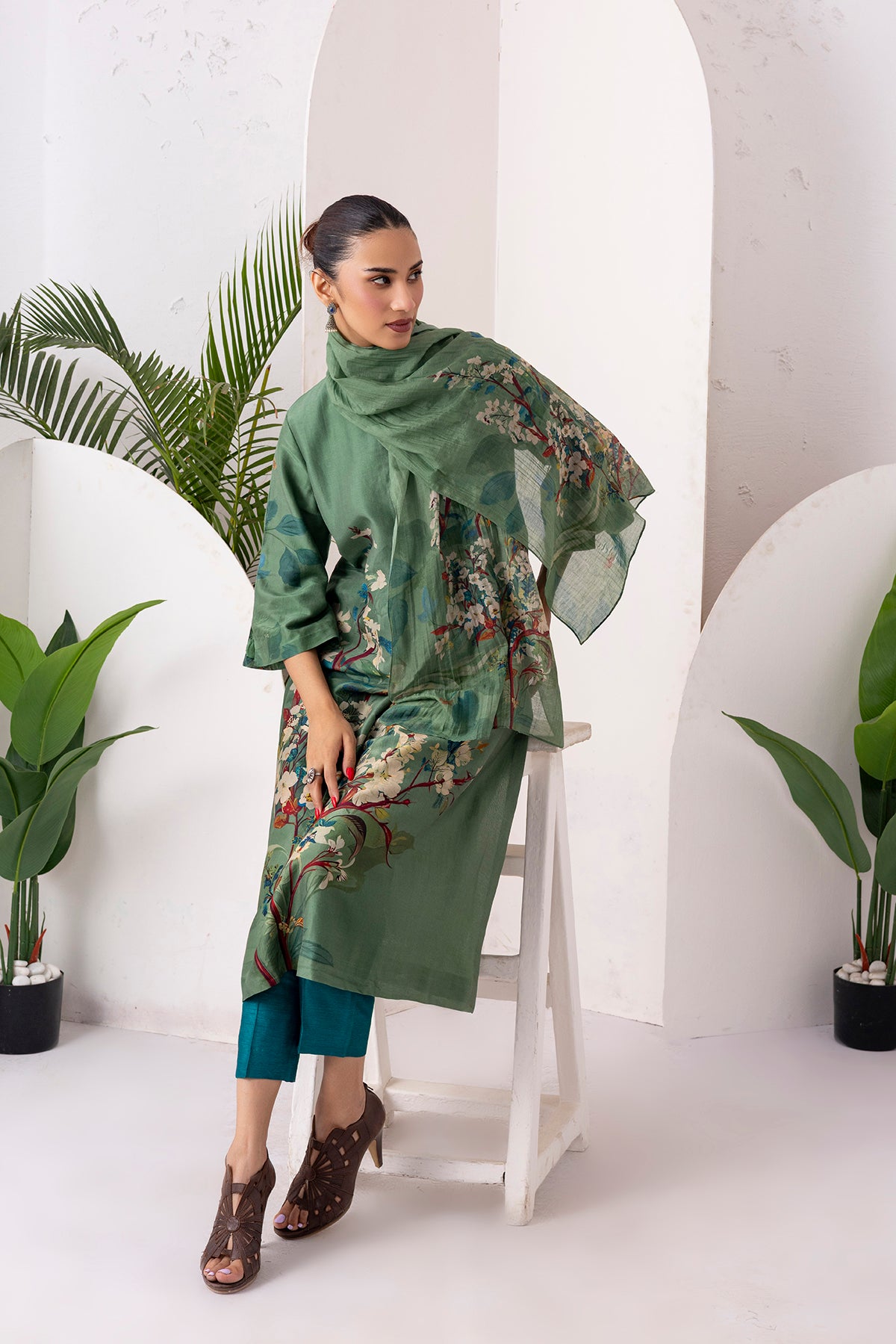 Sage Green Silk Chanderi Printed Stole (1 PC)