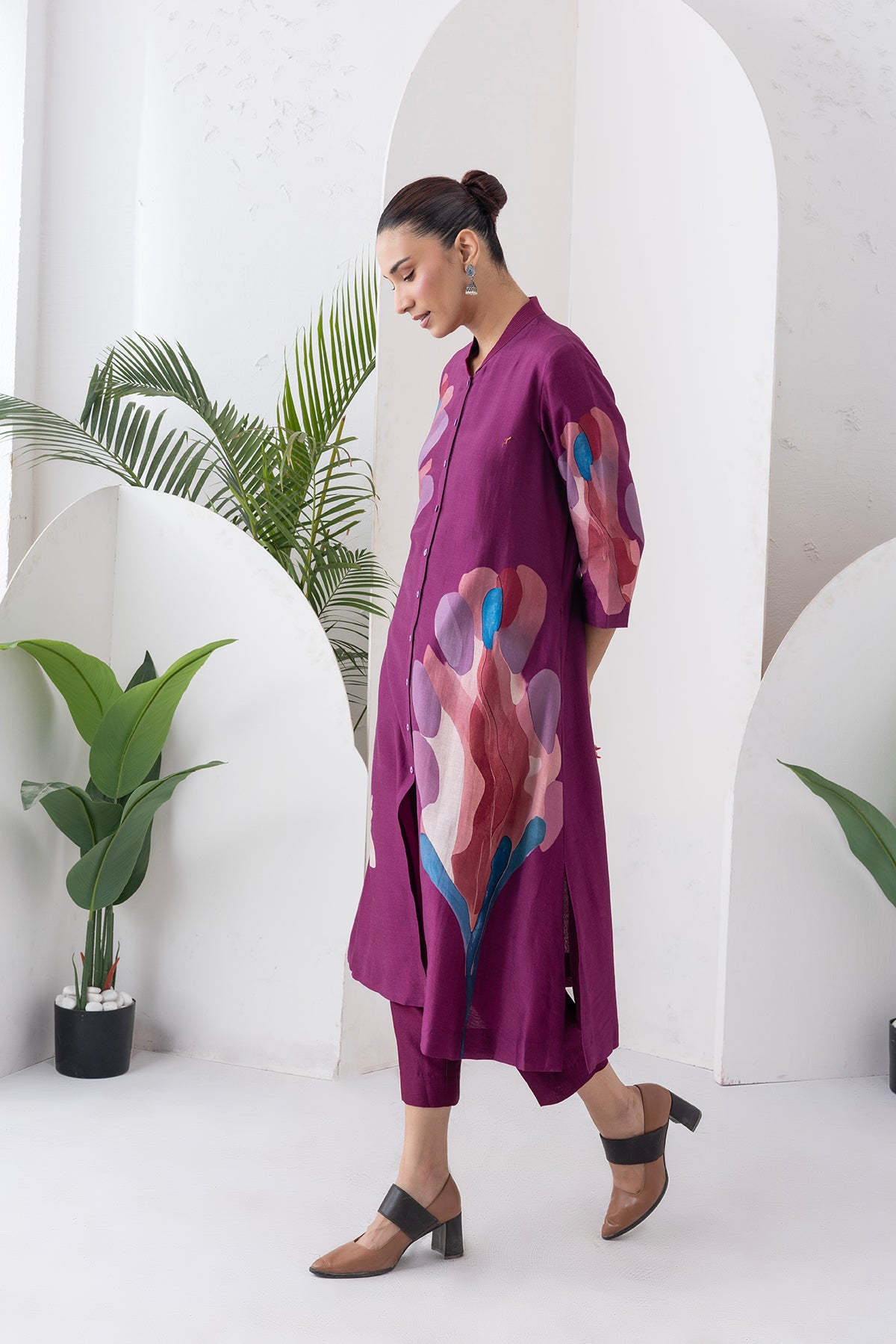 Wine Silk Chanderi Printed Dress (1 PC)
