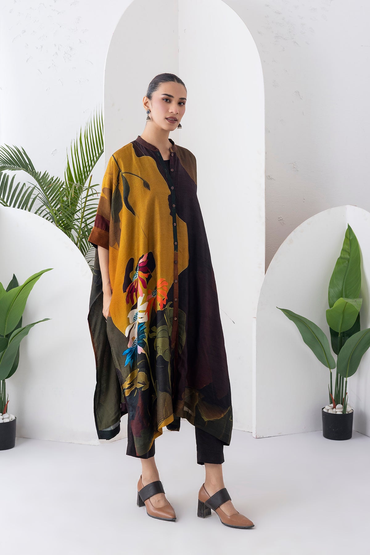Mustard & Brown Viscose Dupion Printed Kaftan Style Dress (1 PC)